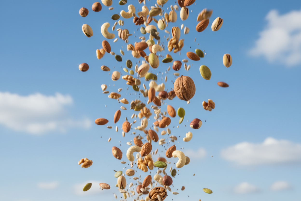 Generate image of Nuts and Seeds falling from sky